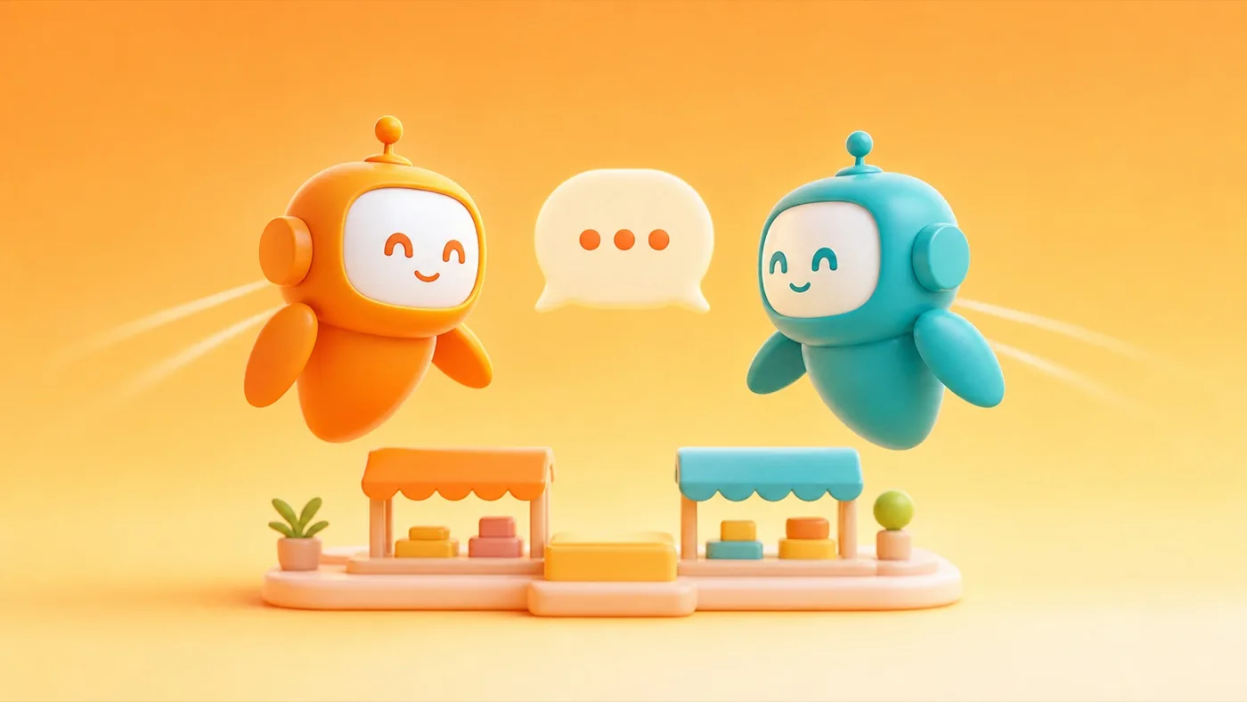 Two avatar mascots chatting in a marketplace